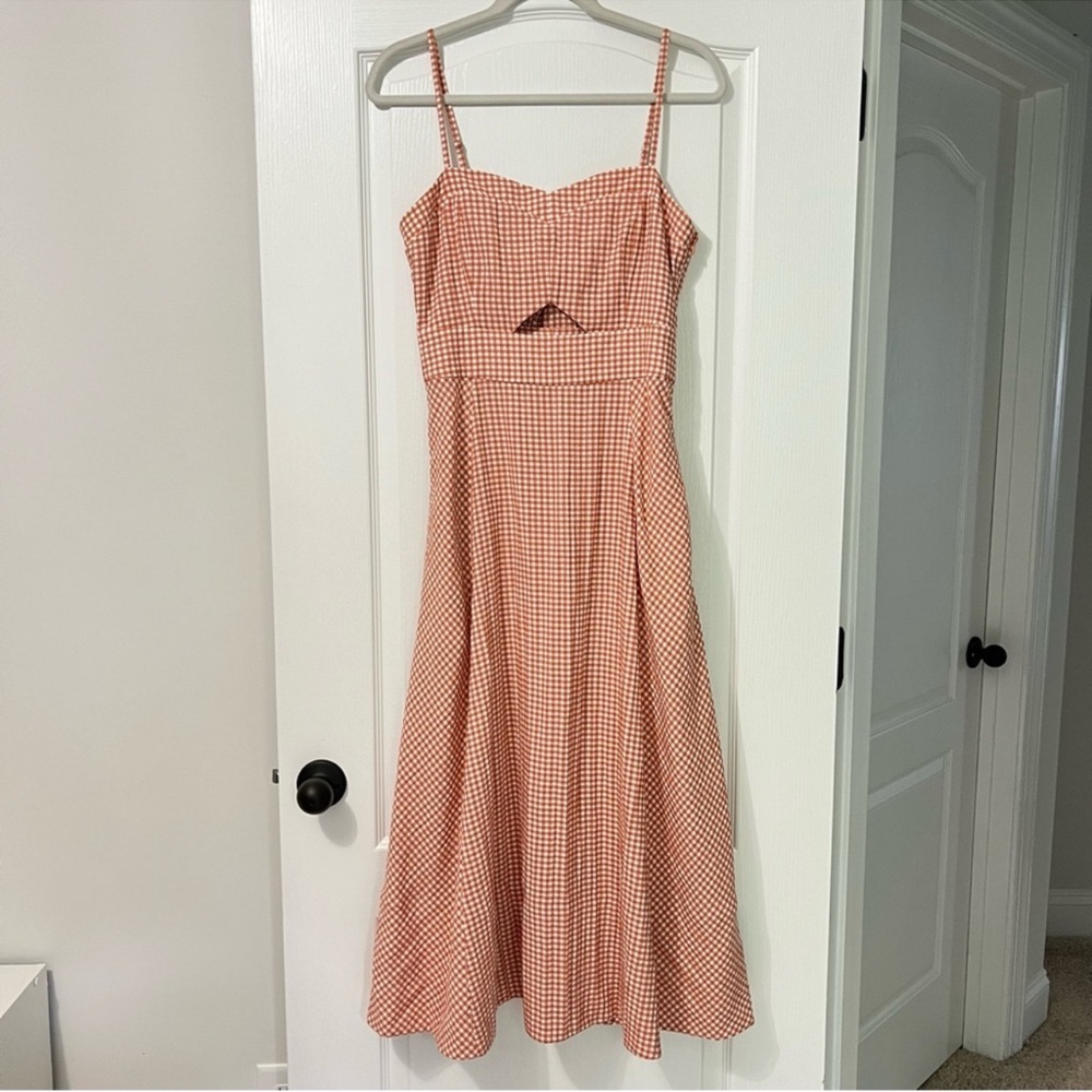 Hunter Bell Red Orange White Gingham Cut Out Sweetheart Neckline Midi Dress